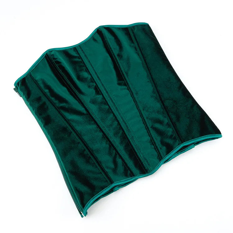 Green Velvet Overbust Corset Top Side Zipper Lace-Up Boned Bustier Top