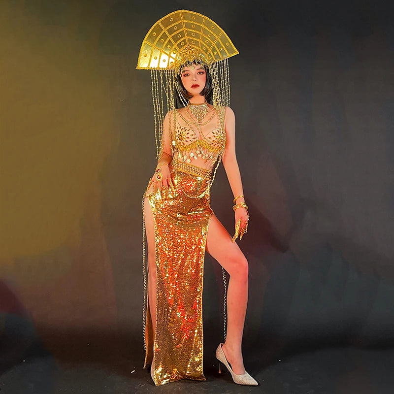 Egyptian Dance Queen Gold Rhinestone Bikini & Sequins Skirt Stage Performance Costume Set