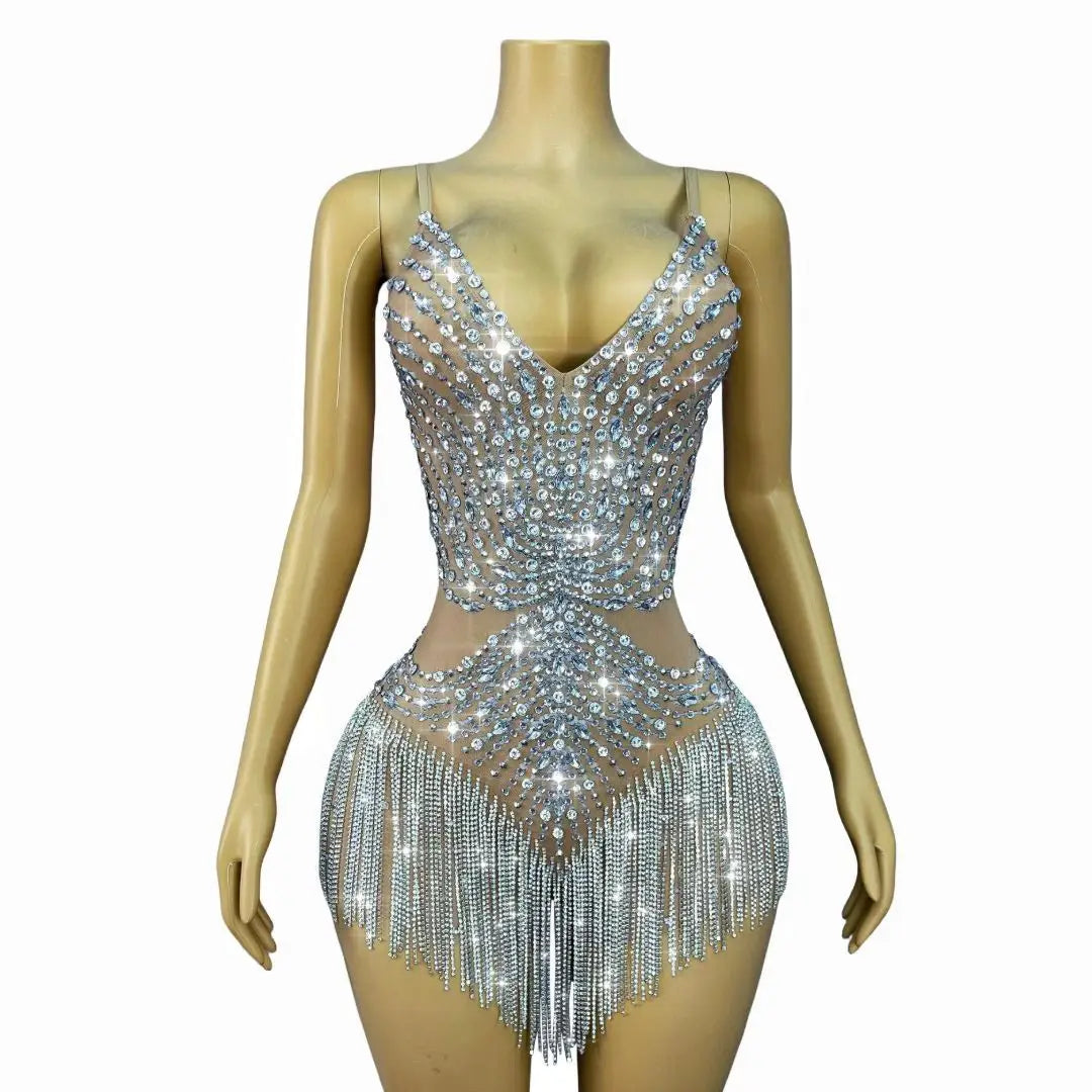 Sparkly Silver Rhinestone Tassel Sheer Mesh Stage Bodysuit Leotard Costume