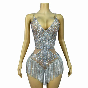 Sparkly Silver Rhinestone Tassel Sheer Mesh Stage Bodysuit Leotard Costume
