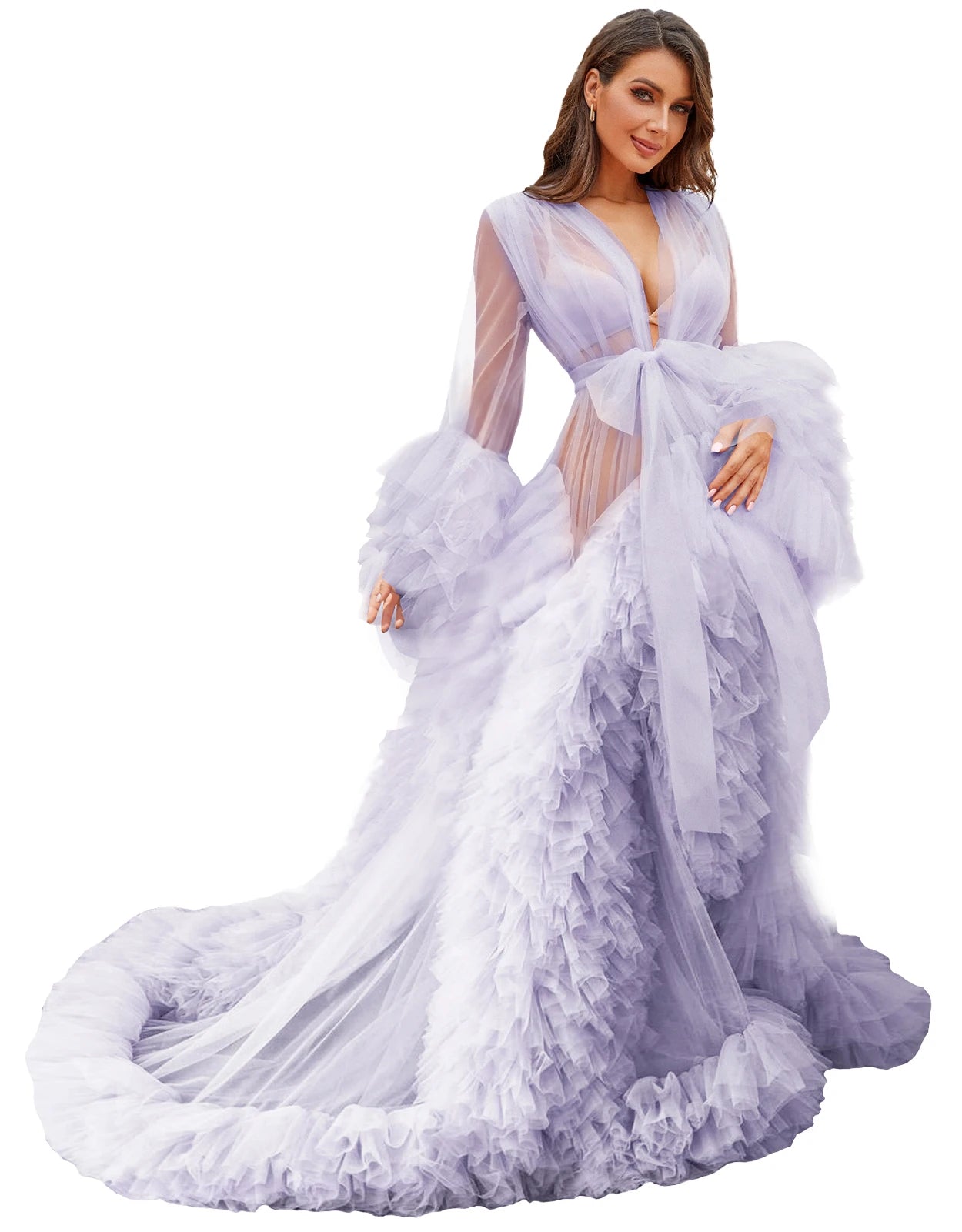 Voluminous Illusion Tulle Ruffle Long Robe Dressing Gown