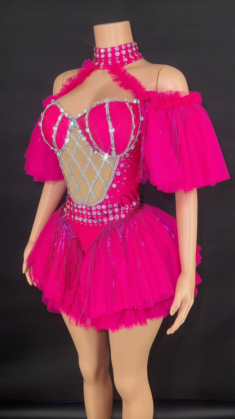 Sparkly Sequin Tassel Puff Sleeve Mesh Bodysuit Showgirl Stage Dance Leotard