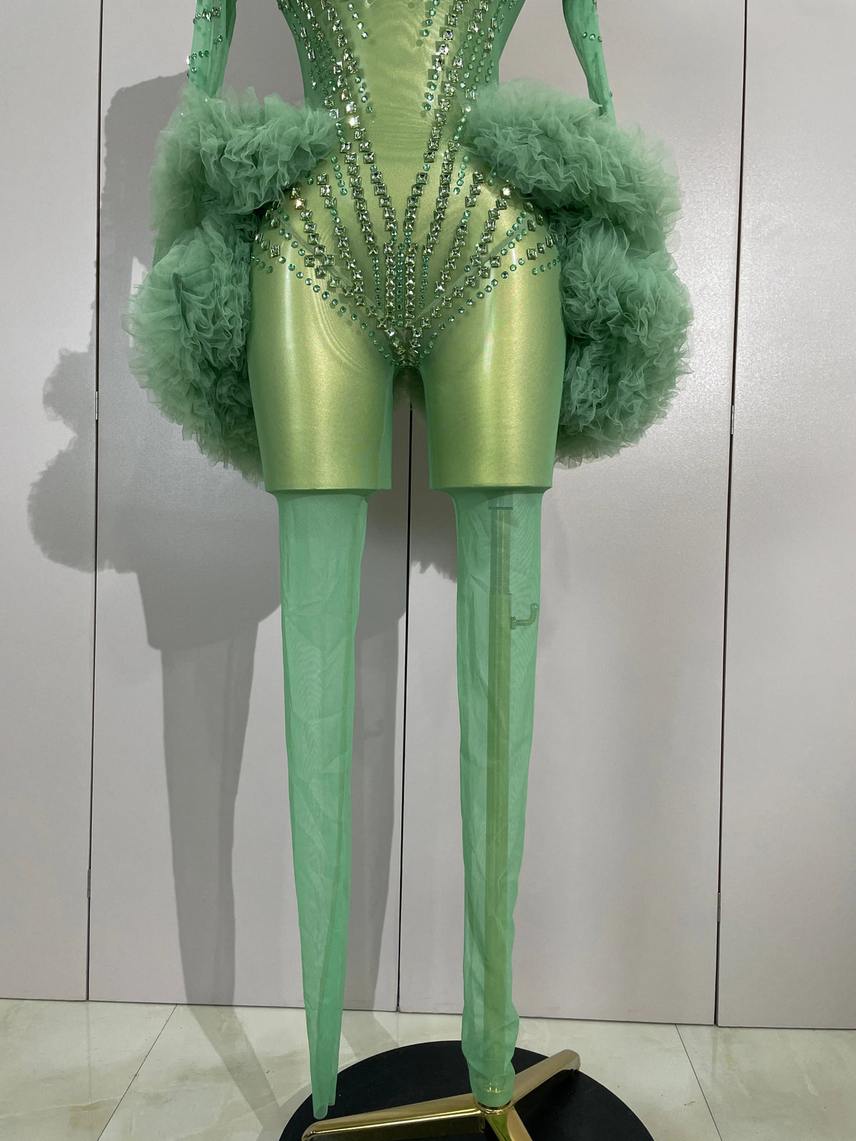 Green Rhinestone Mesh Performance Jumpsuit
