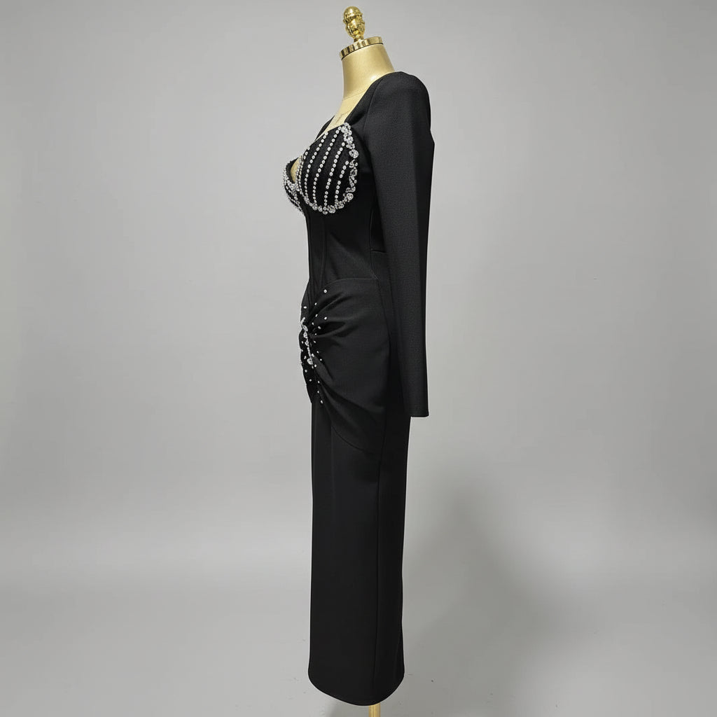 Elegant Square Neck Crystal Embroidered Bandage Ankle-Length Evening Gown