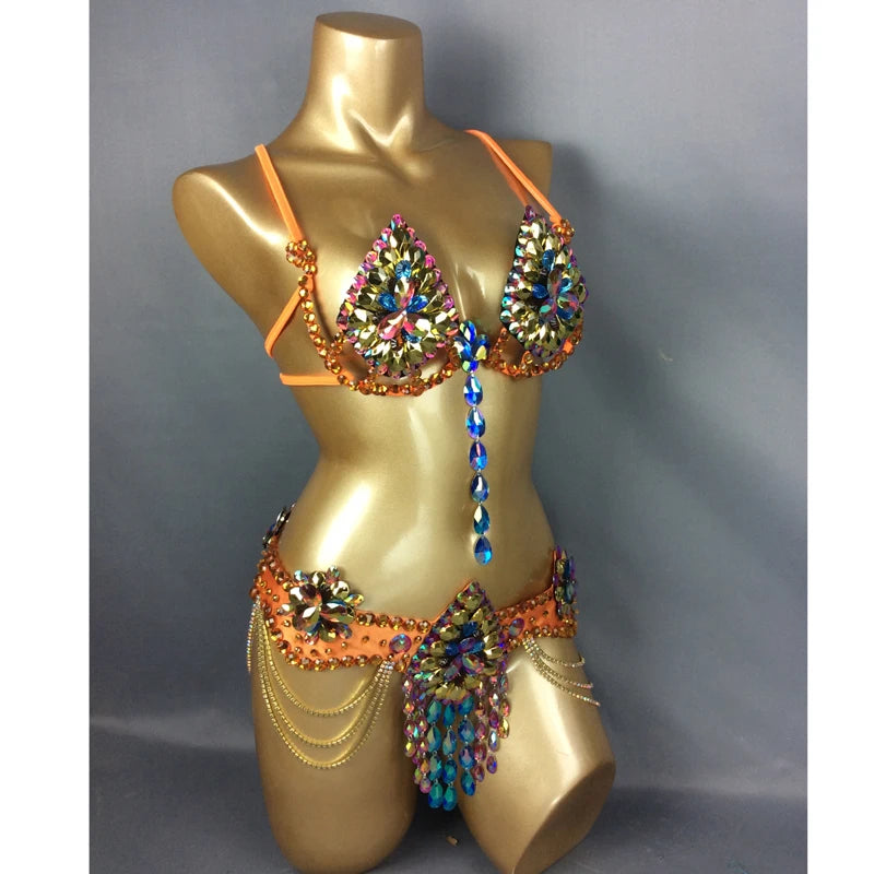 Dazzling Samba Carnival Wire Bra & Belt Rainbow Crystal Costume Set