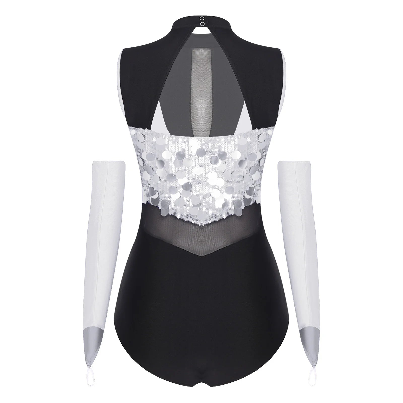 Sparkly Sequin Mock Neck Dance Leotard & Gloves Two-Piece Bodysuit Set