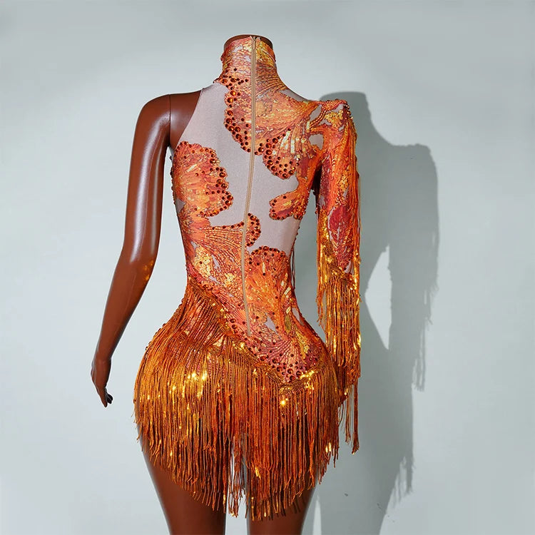 Leopard Sequin Fringe Asymmetrical Bodysuit One-Sleeve Stage Performance Costume