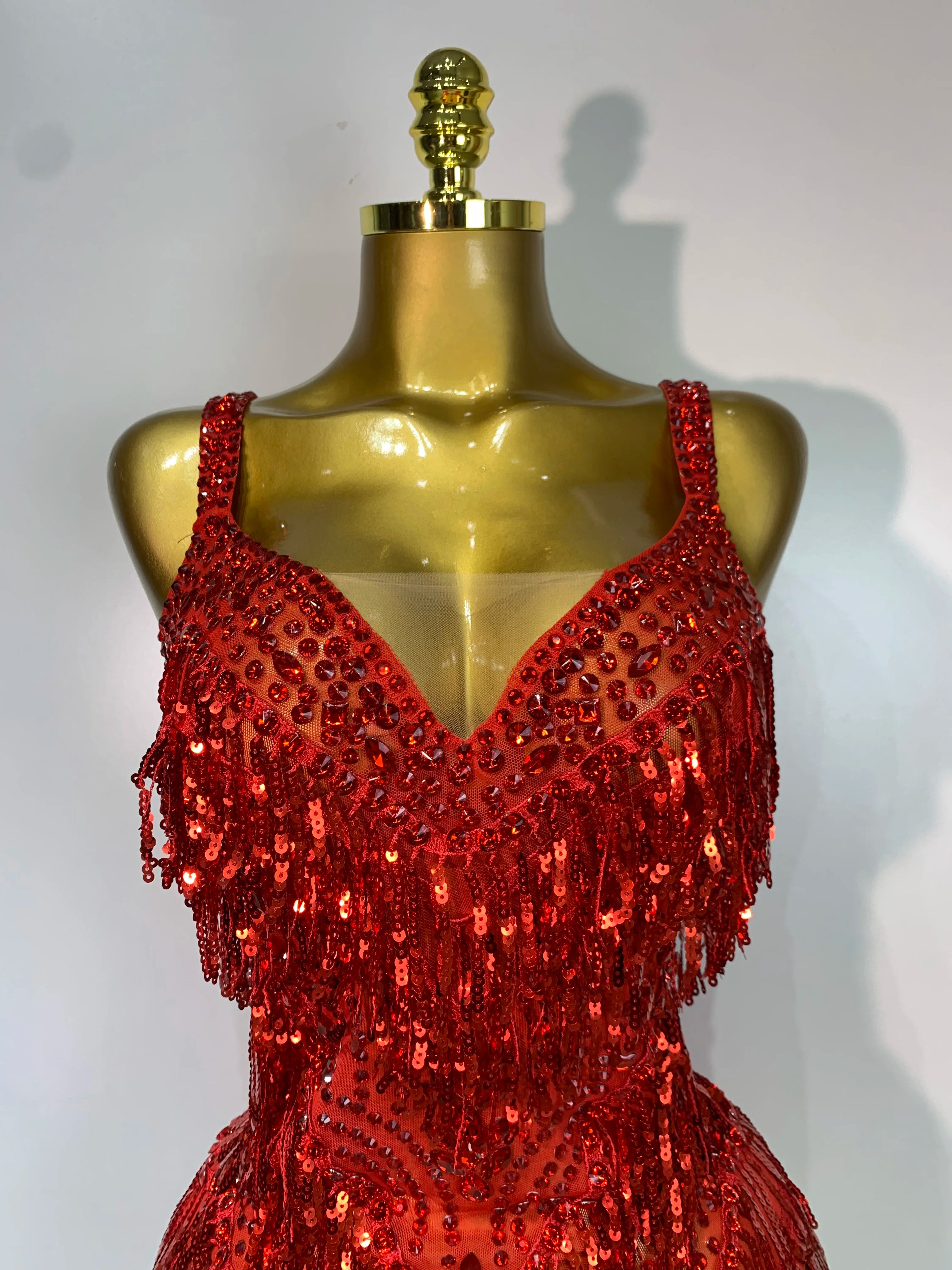 Sparkly Rhinestone Tassel Backless Mesh Bodysuit Luxury Stage Performance Costume