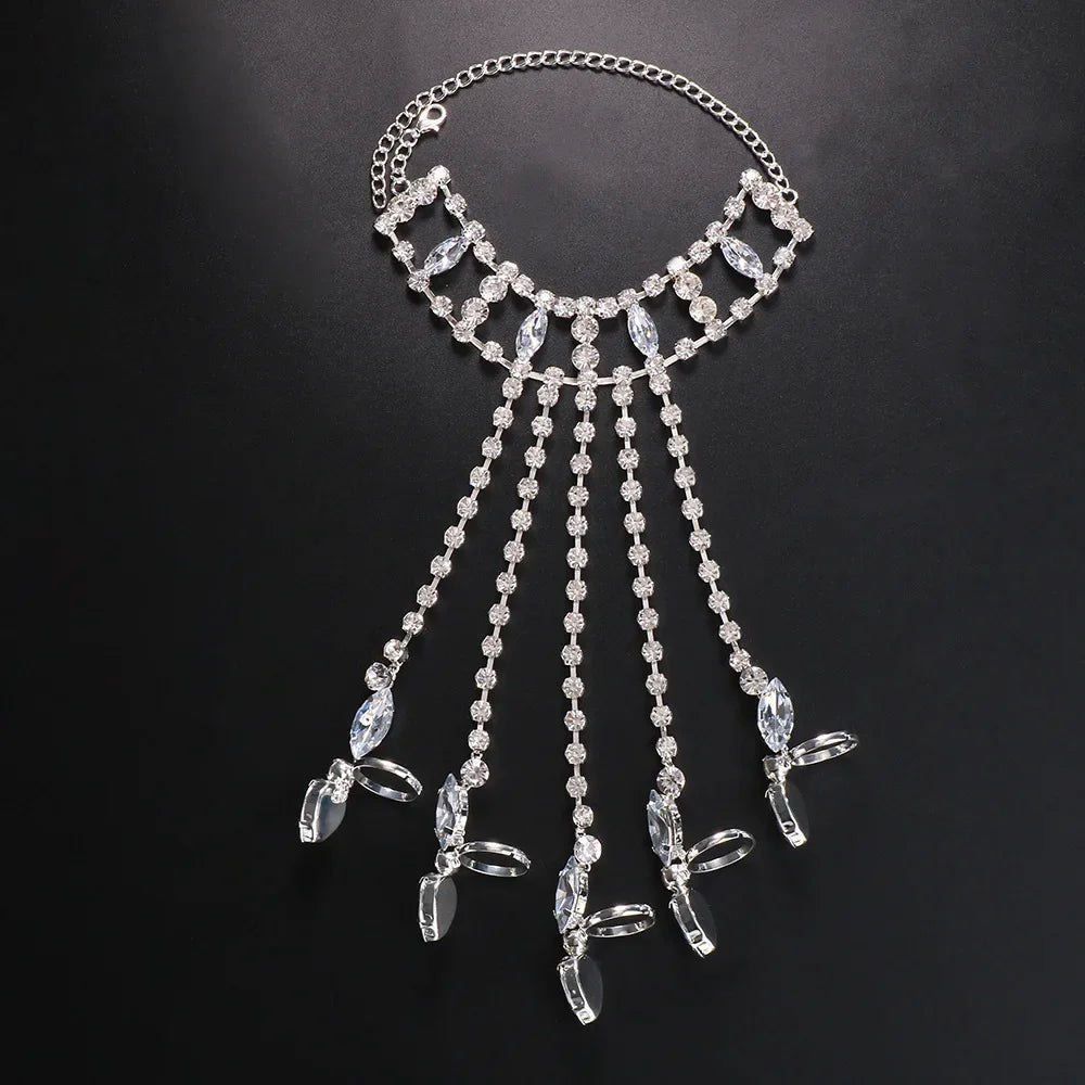 Sparkly Glass Crystal Five-Finger Bracelet Hand Harness Stage Performance Jewelry