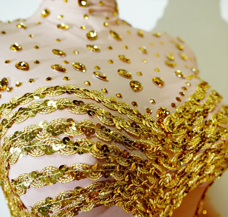 Crystal Rhinestone Mesh Long Sleeve Vintage Inspired Dress with Sequins and Skirt