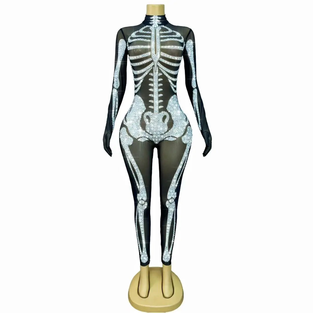 Rhinestone Skeleton Monster Cosplay Jumpsuit & Halloween Stage Dance Romper