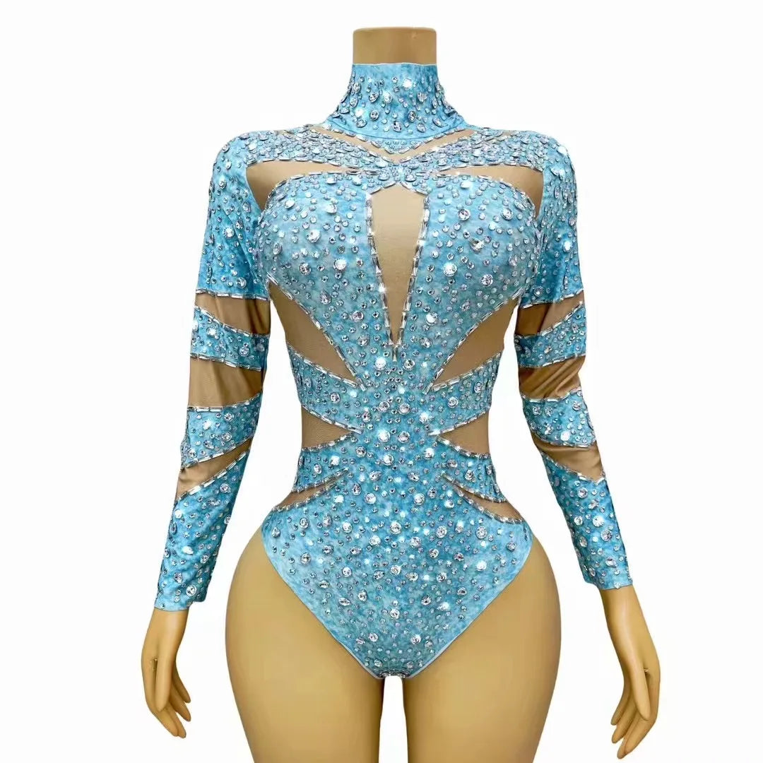 Sparkly Rhinestone Long Sleeve Cutout Bodysuit Stage Performance Dance Leotard