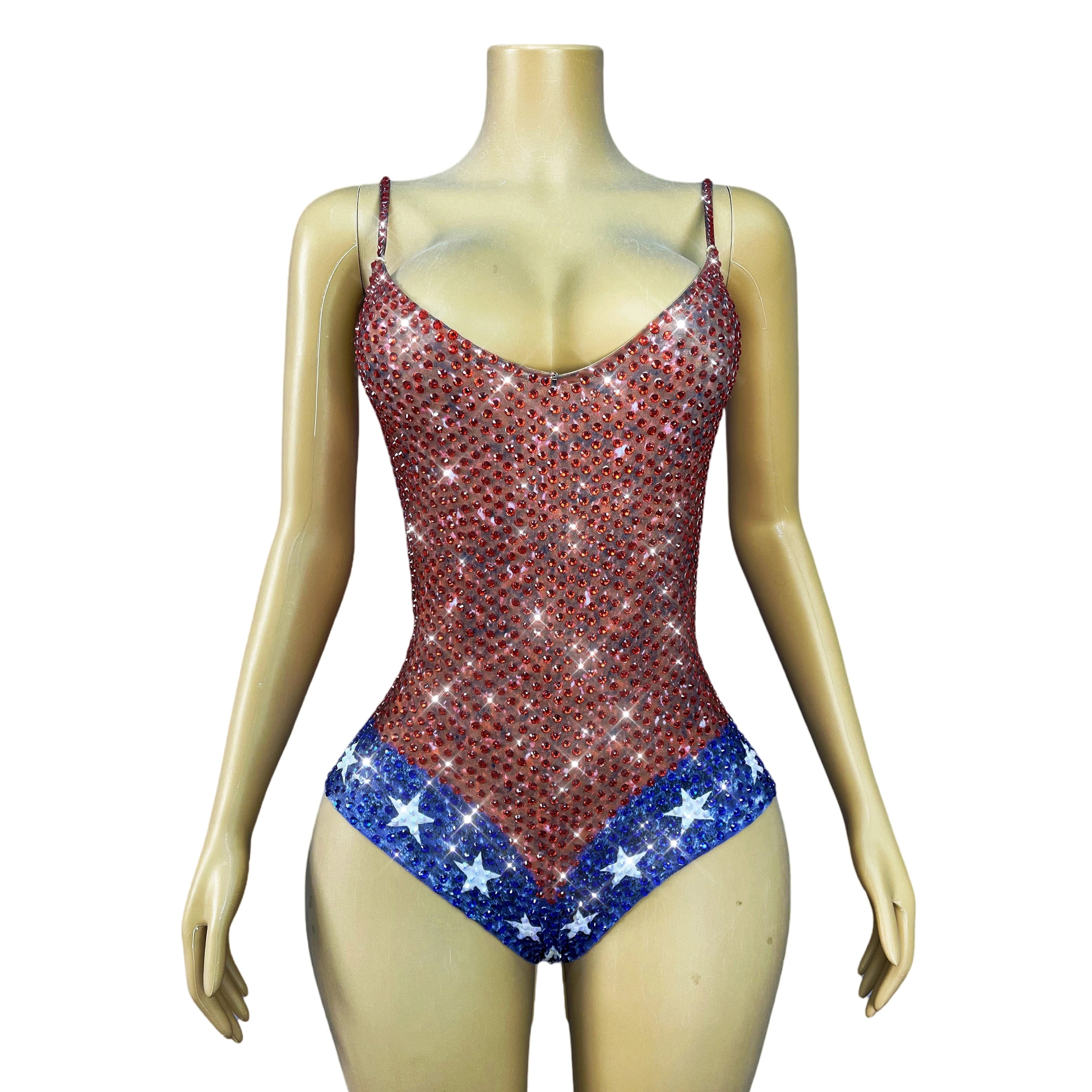Twinkling Rhinestone Stars High-Cut Stage Bodysuit Dance Performance Leotard