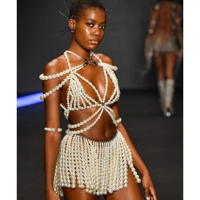 Pearl-Look Shoulder Bra & Chain Skirt Jewelry