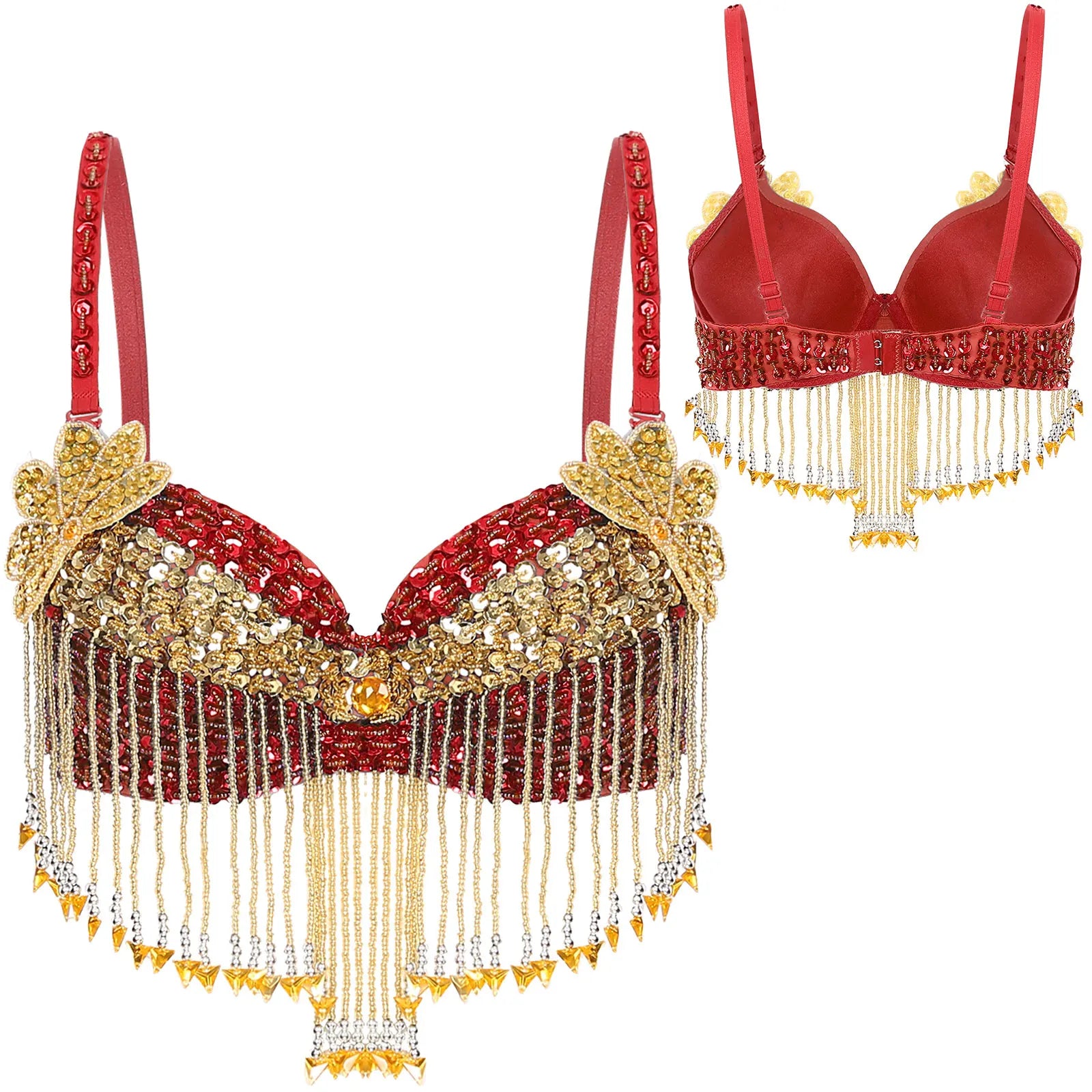 Sparkly Floral Beaded Sequin Belly Dance Bra & Tassel Performance Top