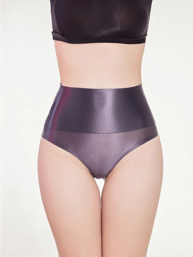 Sexy Sheer See Through High Waist Briefs Elastic Underwear Oil Glossy Shiny G-string Satin Smooth T-Back Push Up Hip Thong