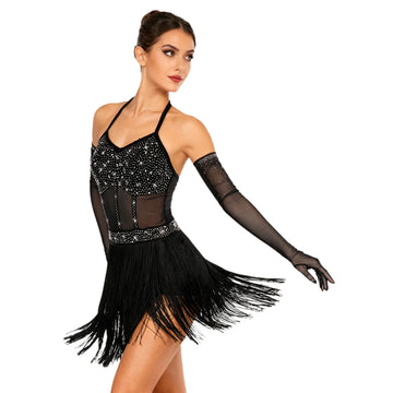 Rhinestone Latin Dance Dress, Mesh Tiered Tassel Bodysuit & Long Gloves Set