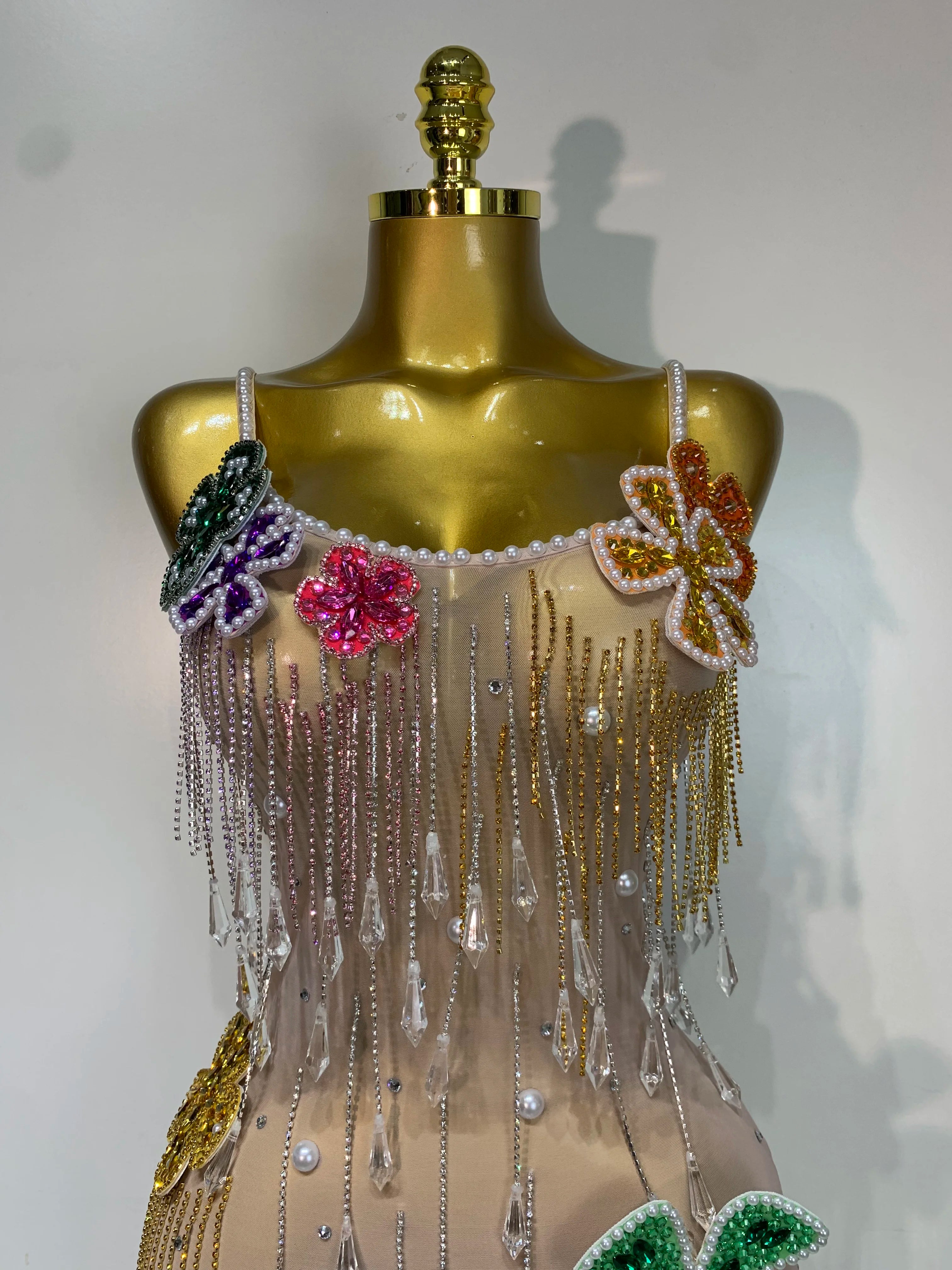 Colorful Rhinestone Pearl Sheer Dress & Two-Piece Mini Skirt Set Celebration Outfit