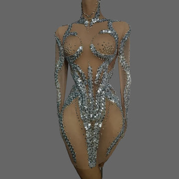 Sparkly Silver Rhinestone & Sequin Long-Sleeve Sheer Mini Dress Stage Performance Costume
