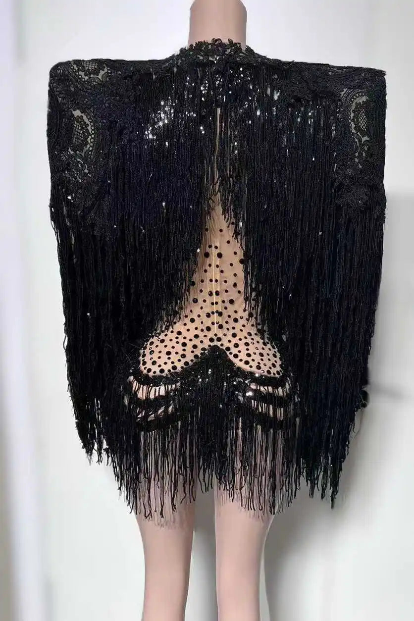 Sparkly Black Rhinestone Fringe Dress & Shawl 2-Piece Set Stage Performance Costume