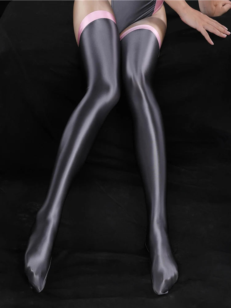 Oil Glossy Patchwork Thigh-High Stockings Satin Smooth Over-Knee Dance Hosiery