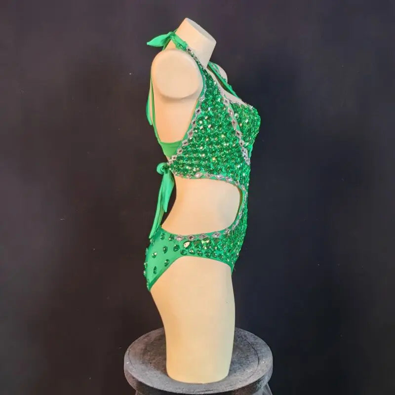 Luxury Rhinestone & Crystal Beaded Halter Bikini Stage Bodysuit
