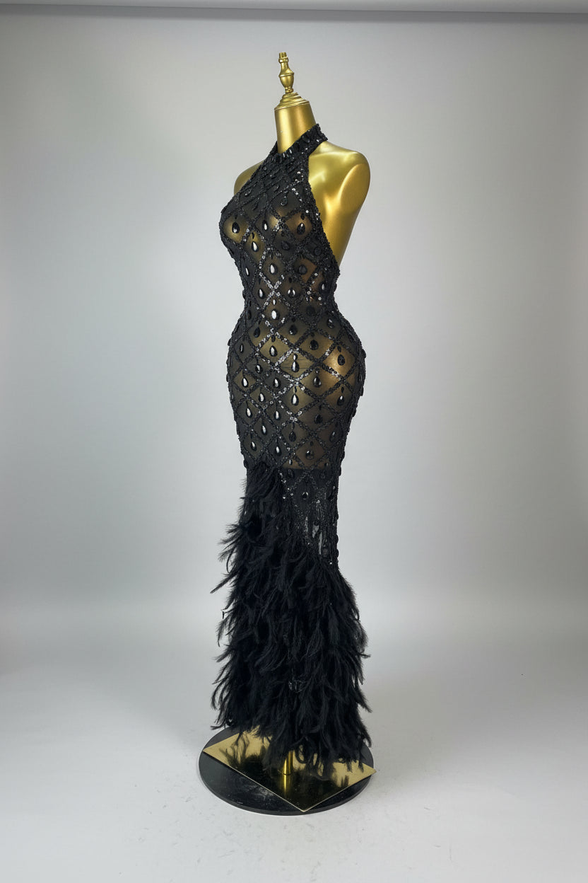 Luxury Rhinestone Crystal Turtleneck Gala Gown & Feather Hem Evening Maxi Dress