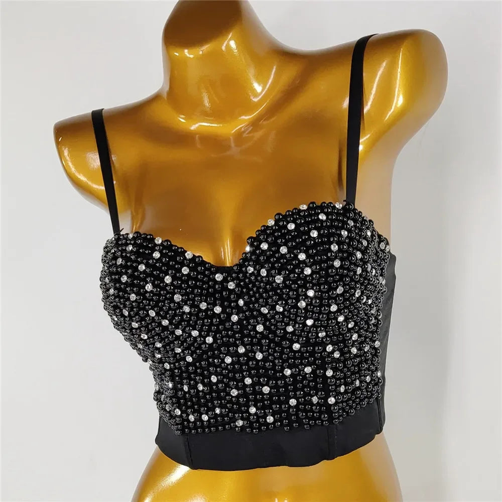 Sparkly Diamond Rhinestone Corset Top Showgirl Stage Performance Push-Up Bustier