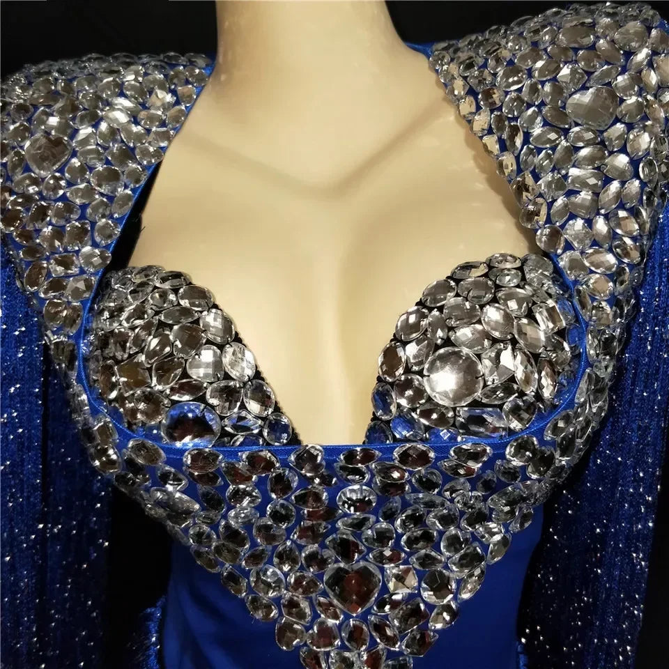 Sparkly Crystal Rhinestone & Tassel Fringe Bodysuit Costume Set with Bra & Belt