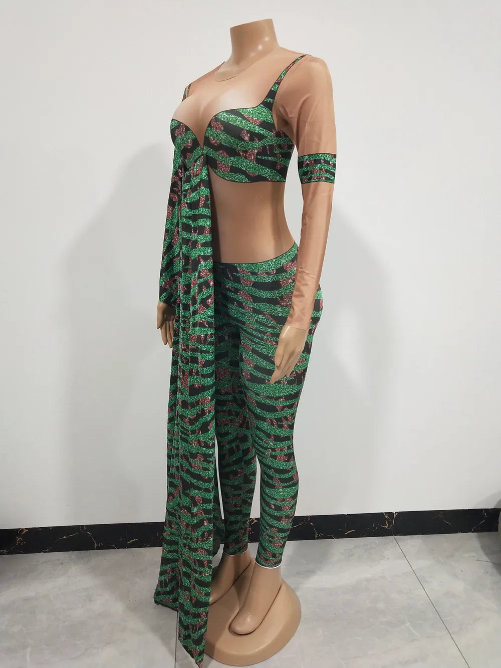 Irregular Single Sleeve Leopard Jumpsuit Green Tight Women Singer Stage Wear Nightclub Party Stage Performance Costume
