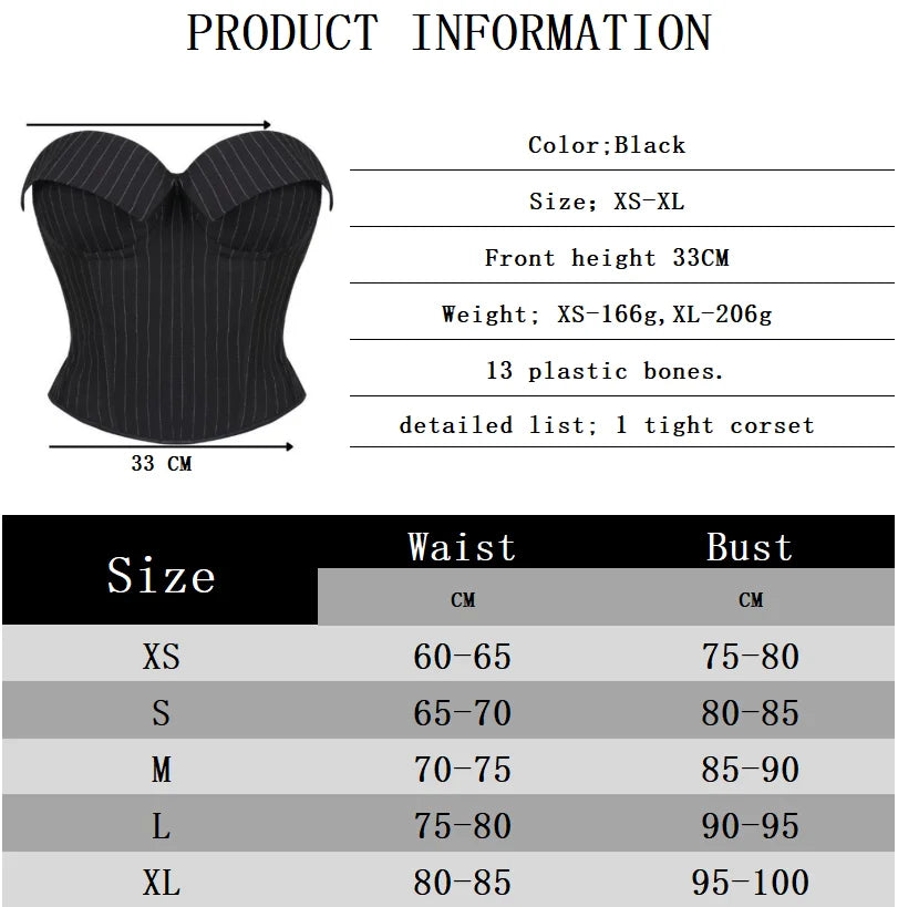 Black Striped Overbust Corset Top Zipper Front Lace-Up Bustier Body Shaper
