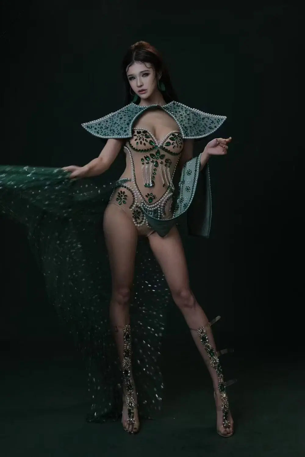 Emerald Green Rhinestone Mesh Bodysuit & Sculpted Peacock Cloak Stage Costume Set
