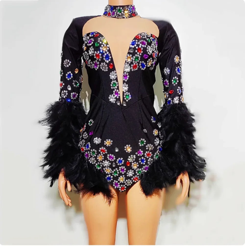 Black Feather Rhinestone Long-Sleeve Bodysuit