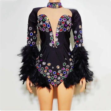 Black Feather Rhinestone Long-Sleeve Bodysuit
