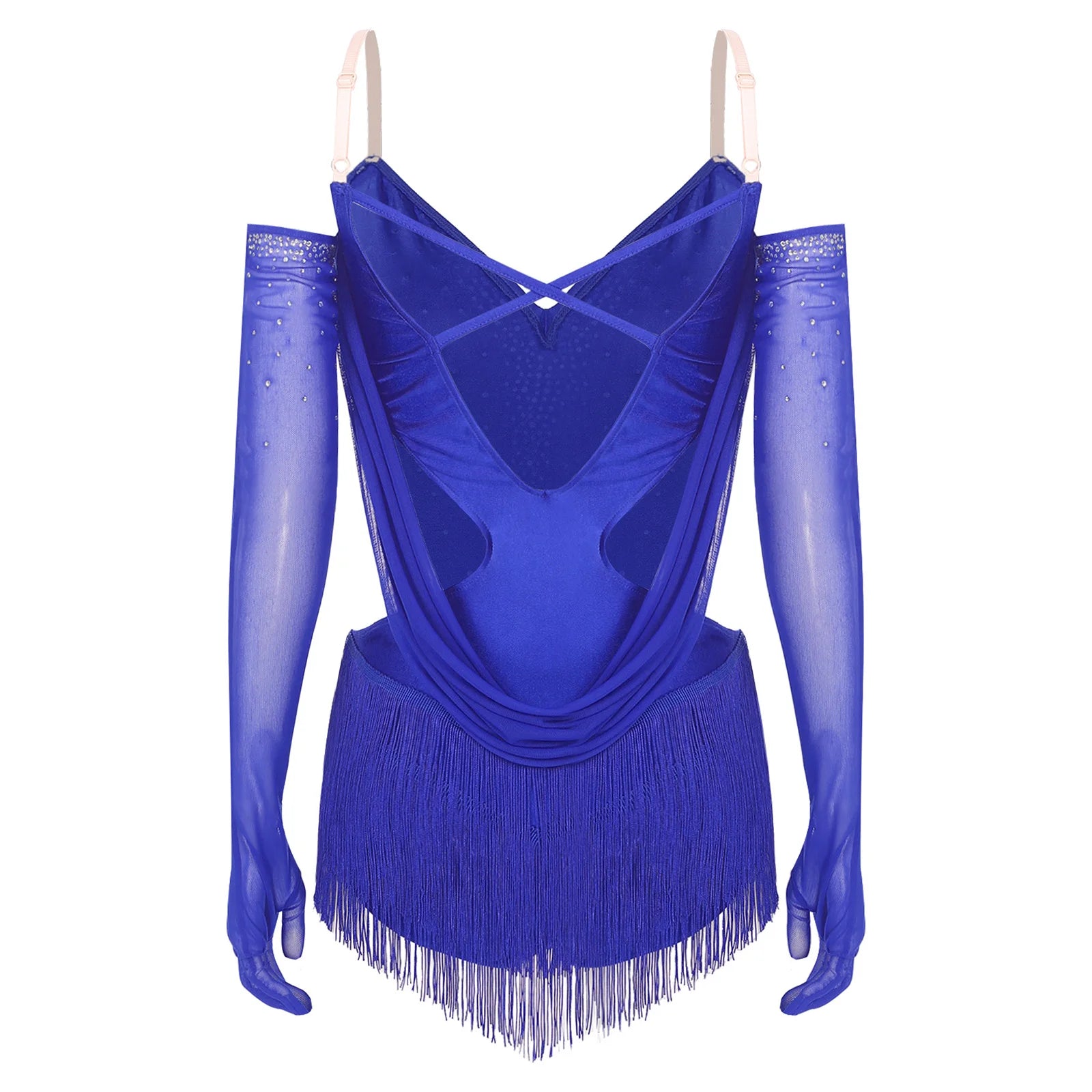 Sparkly Rhinestone & Tassel Fringe Dance Leotard with Gloves Two-Piece Stage Costume