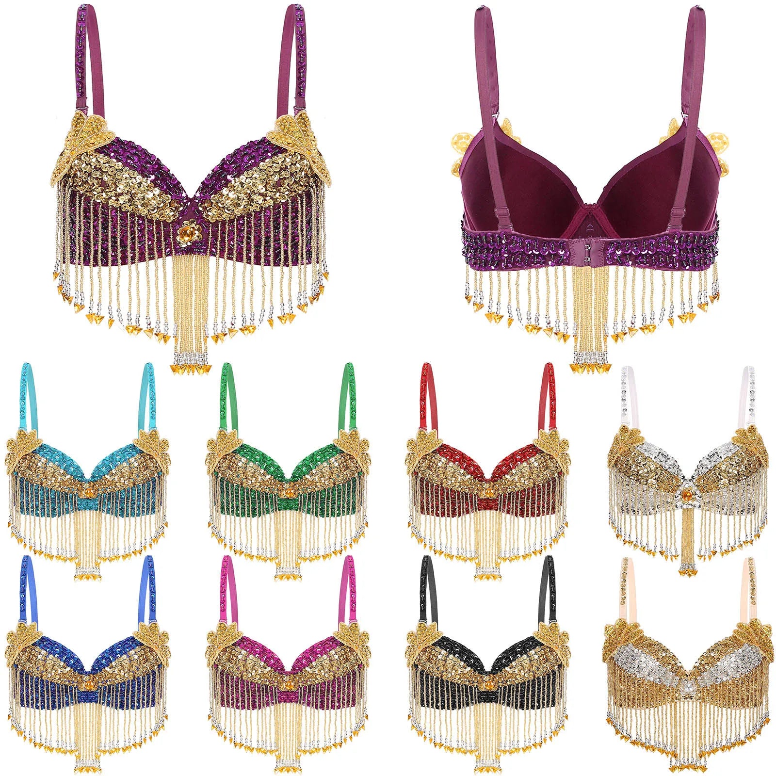 Sparkly Floral Beaded Sequin Belly Dance Bra & Tassel Performance Top
