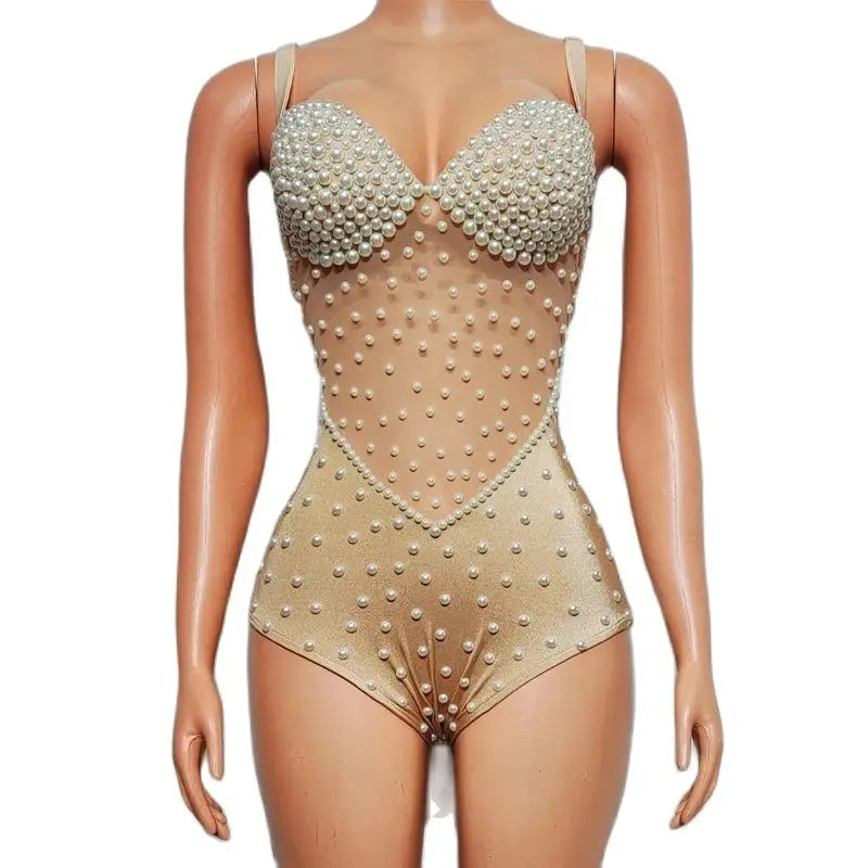 Pearl Encrusted Nude Illusion Bodysuit Sparkly Stage Dance Leotard Costume