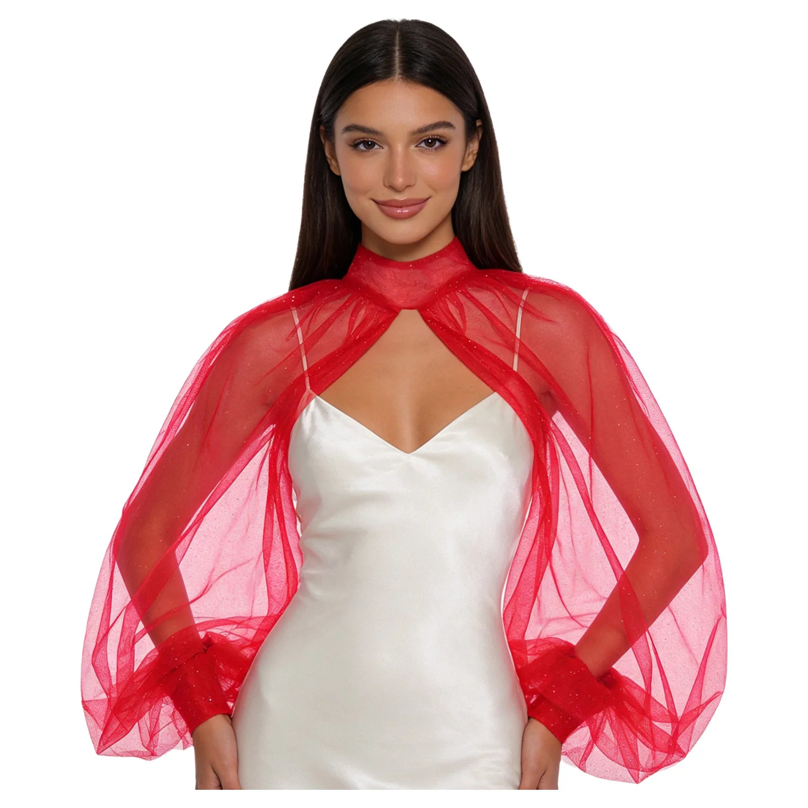 Shimmering Mesh Lantern Sleeve Bolero Shrug & See-Through Mock Neck Top