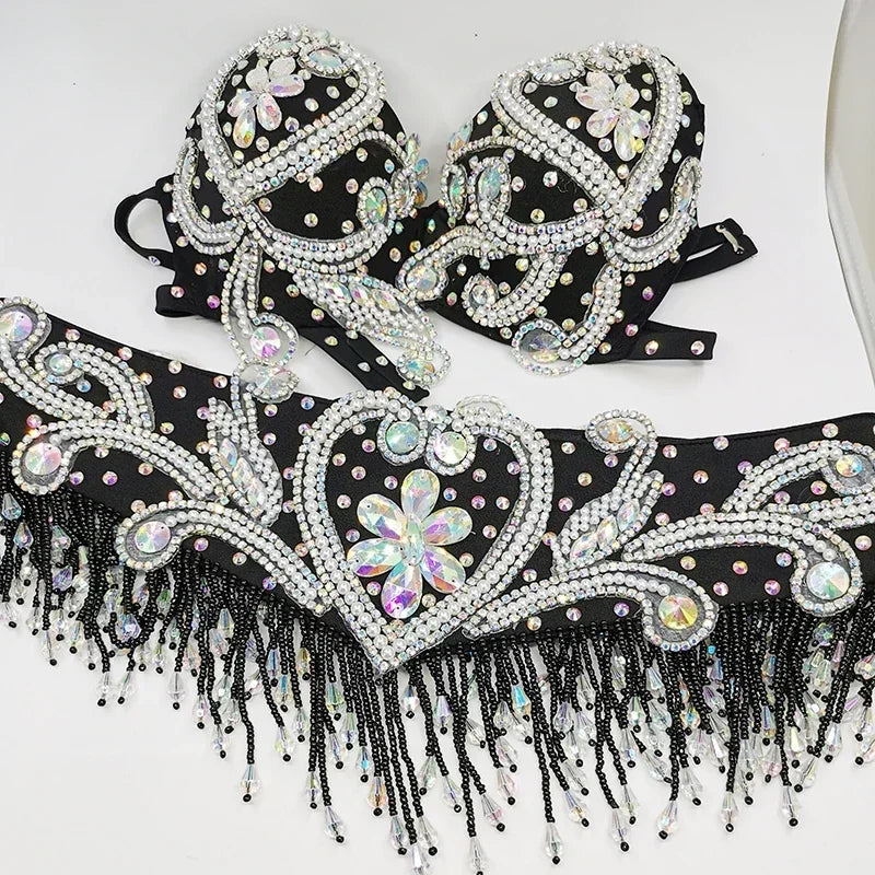Dazzling Beaded Crystal Belly Dance Bra & Belt 2-Piece Costume Set