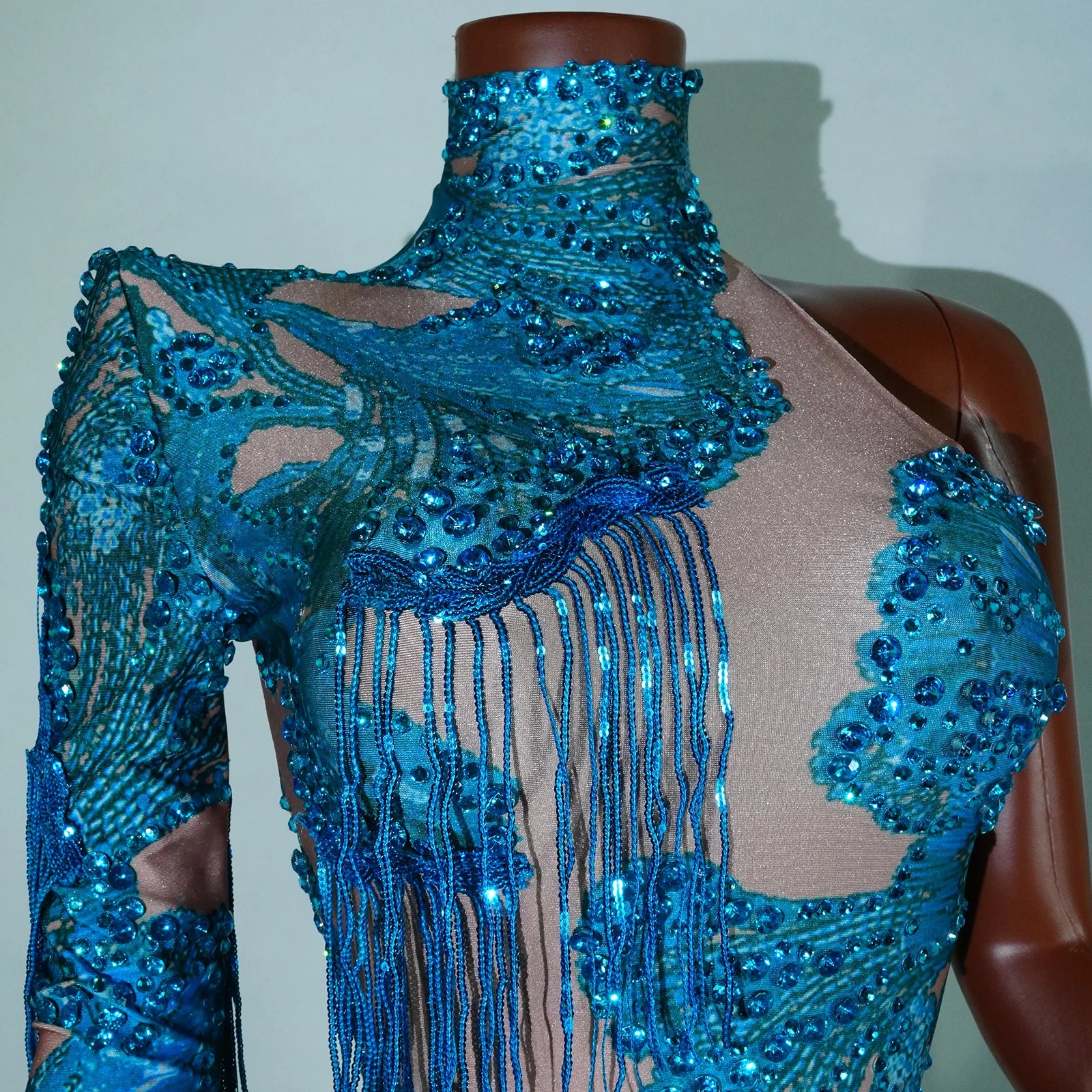 Leopard Sequin Fringe Asymmetrical Bodysuit One-Sleeve Stage Performance Costume