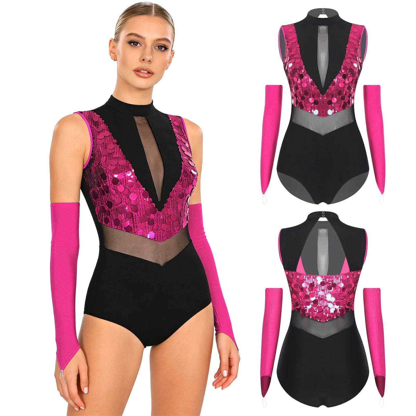 Sparkly Sequin Mock Neck Dance Leotard & Gloves Two-Piece Bodysuit Set