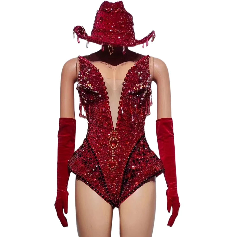 The Stardust Scarlet Siren – Sparkling Rhinestone Deep V Bodysuit, Gloves & Hat Set