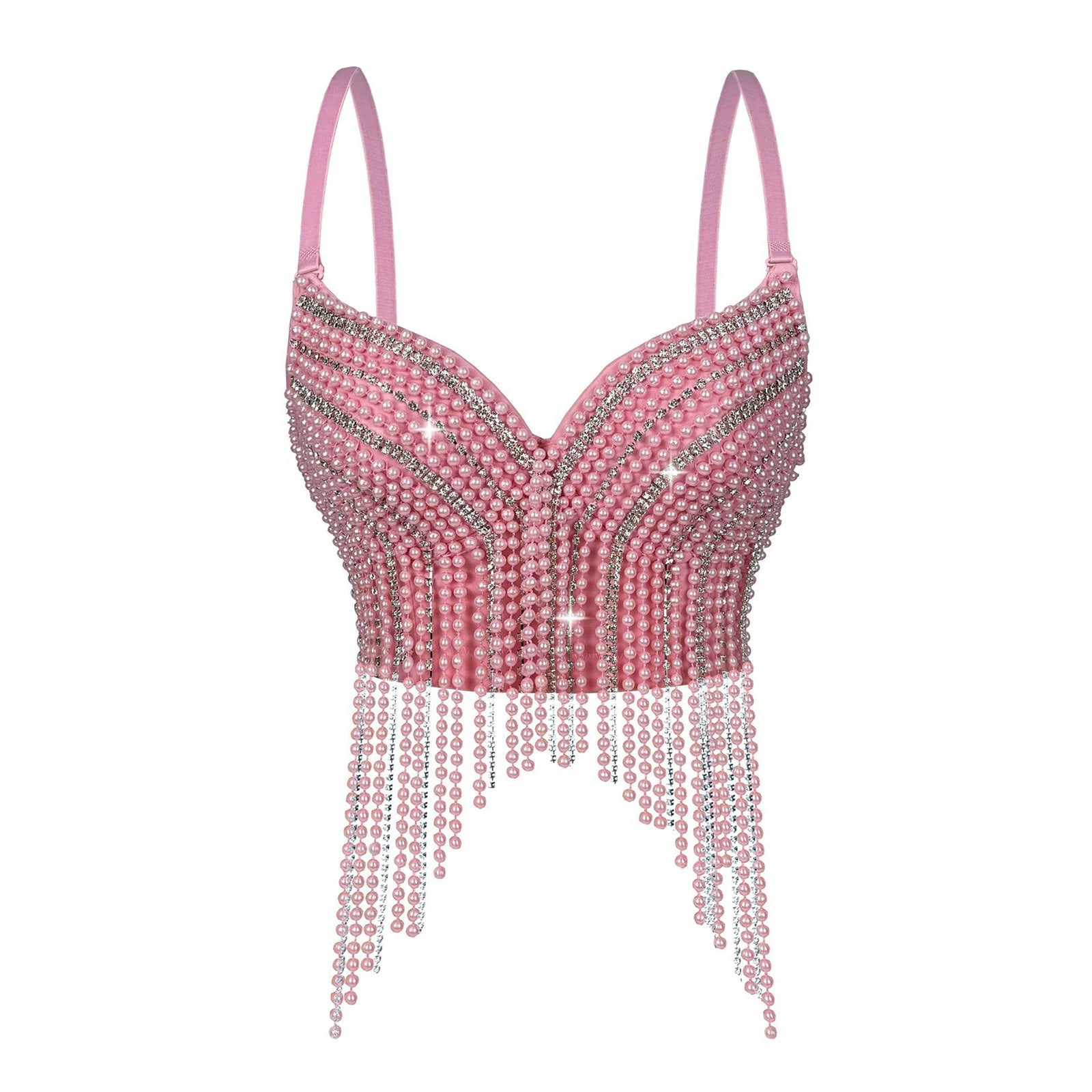 Rhinestone & Bead Tassel Push-Up Underwire Bustier Crop Top