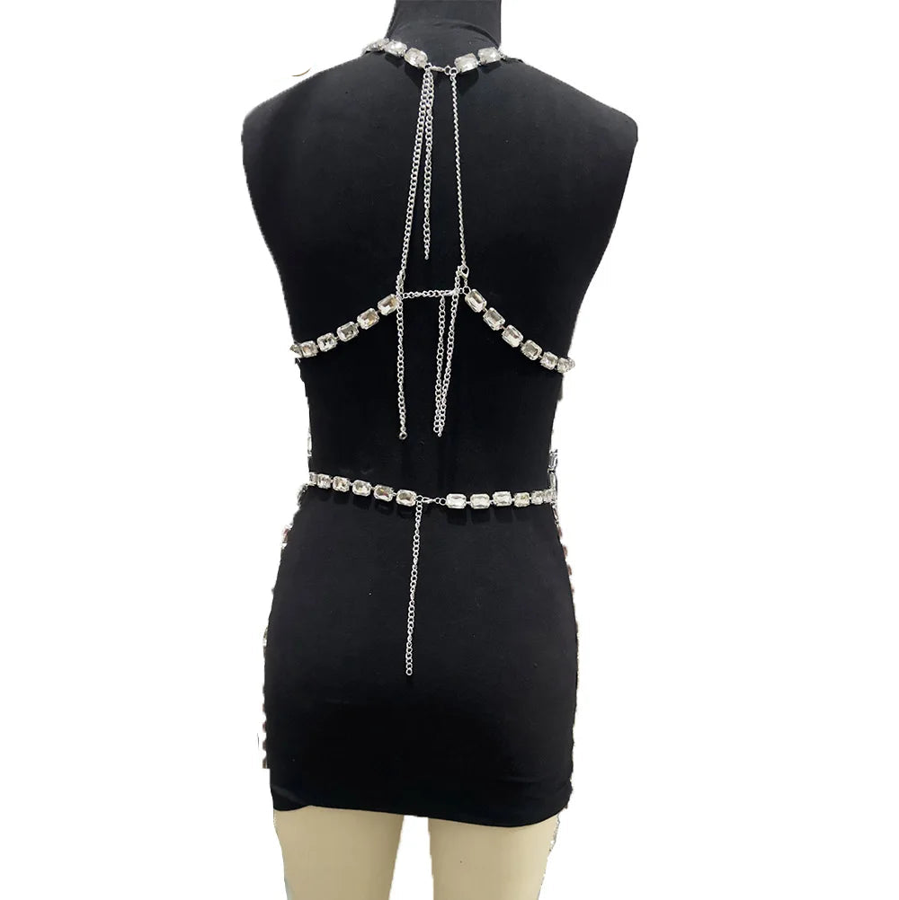 Sparkly Glass Crystal Tassel Body Chain Dress Drag Queen Stage Backless Mini Skirt