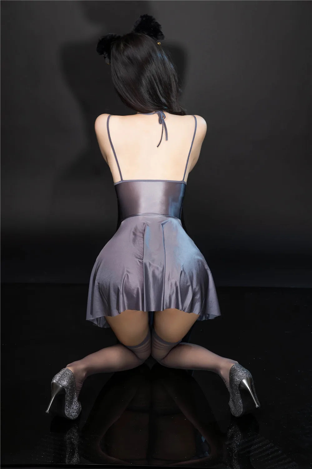 Sexy Backless Satin Smooth Oil Glossy Pleated Micro MINI Dress Bandage Sleeveless Tight Uniform Maid Ruffled Dress Stage Wear