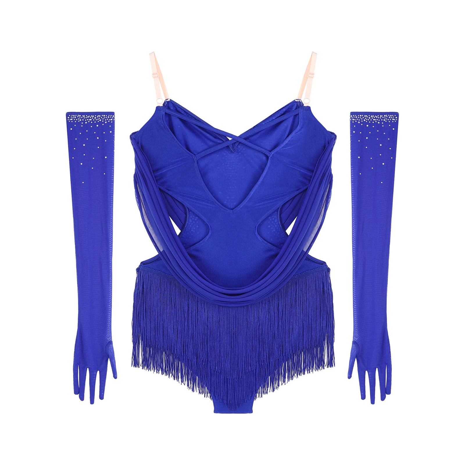 Sparkly Rhinestone & Tassel Fringe Dance Leotard with Gloves Two-Piece Stage Costume