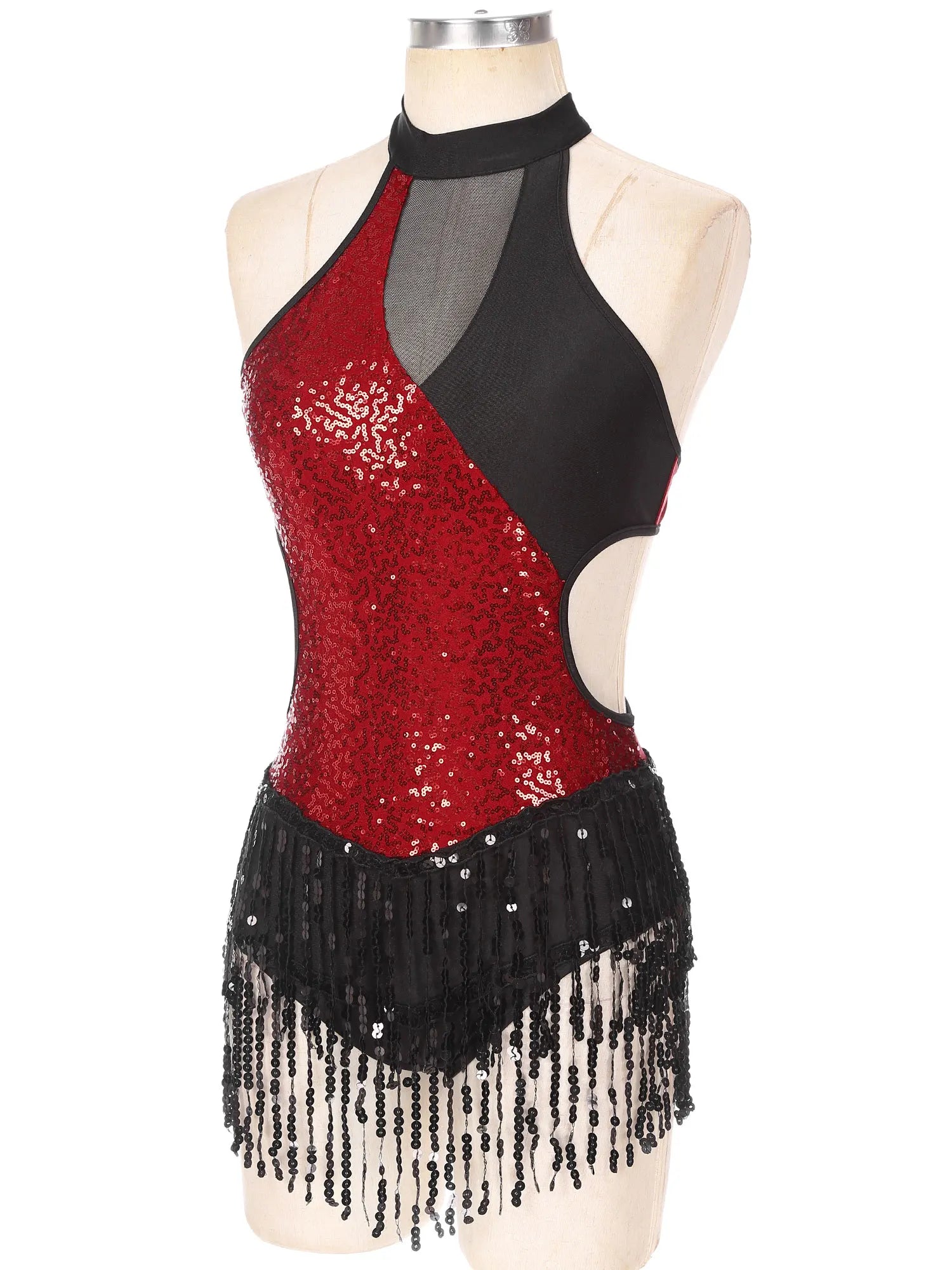 Sequined Fringe Latin Dance & Figure Skating Jumpsuit Leotard Set with Mesh Gloves