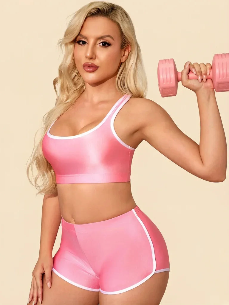 Metallic High-Stretch Crop Tank & Shaping Shorts 2-Piece Activewear Set