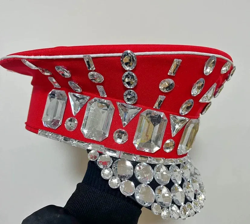 Rhinestone Studded Military Captain Hat & Stage Performance Security Cap