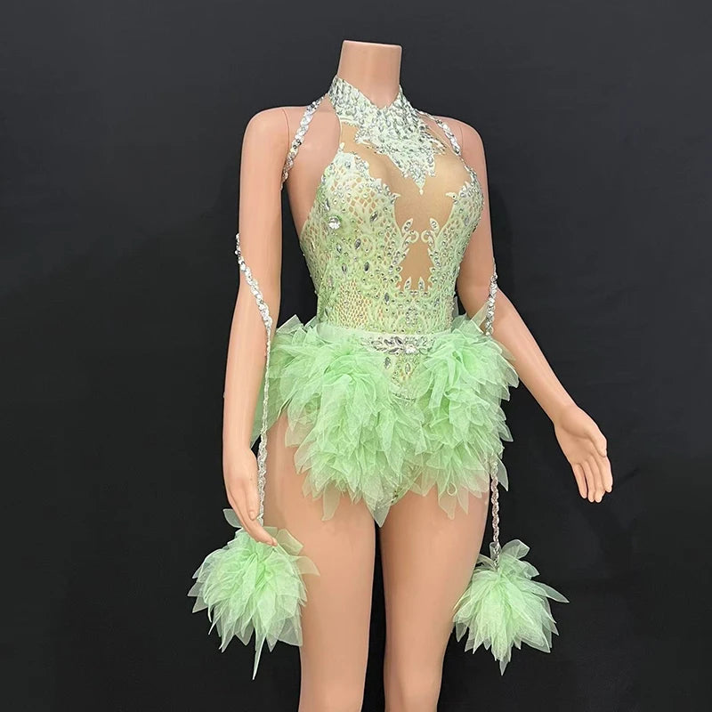 Rhinestone Feather Embellished Bodysuit & Showgirl Stage Dance Costume